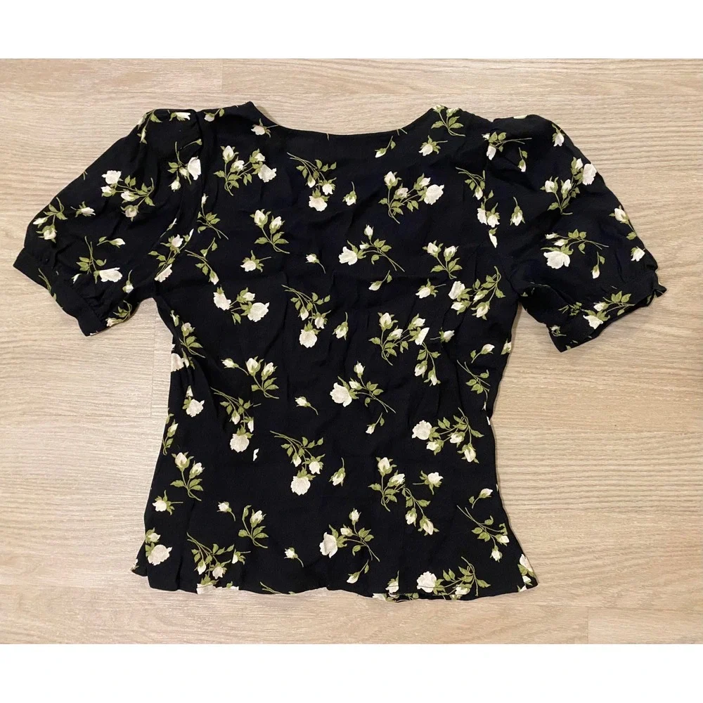 Reformation Monaco Top S Rosalee Black Floral Puff Sleeve Boho Office